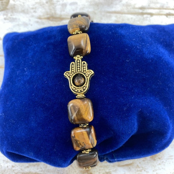 Artisan Jewelry - Hamsa Tiger's Eye Stretch Bracelet, Handmade, Antique Gold